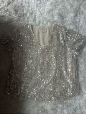 LOFT Sequin Short Sleeve V-Neck Top in Champagne